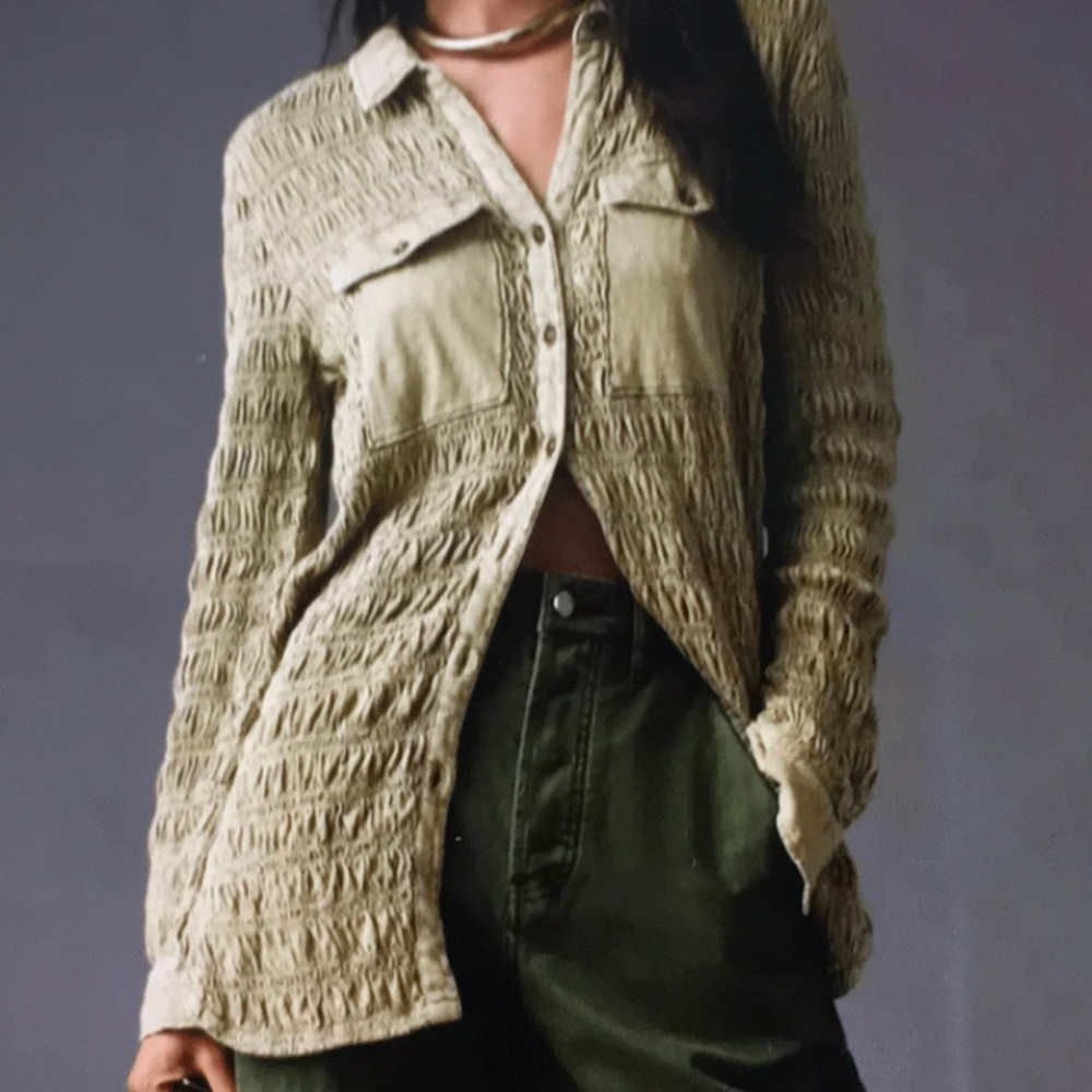 Pilcro Shirt Smocked Buttondown Shacket Taupe
